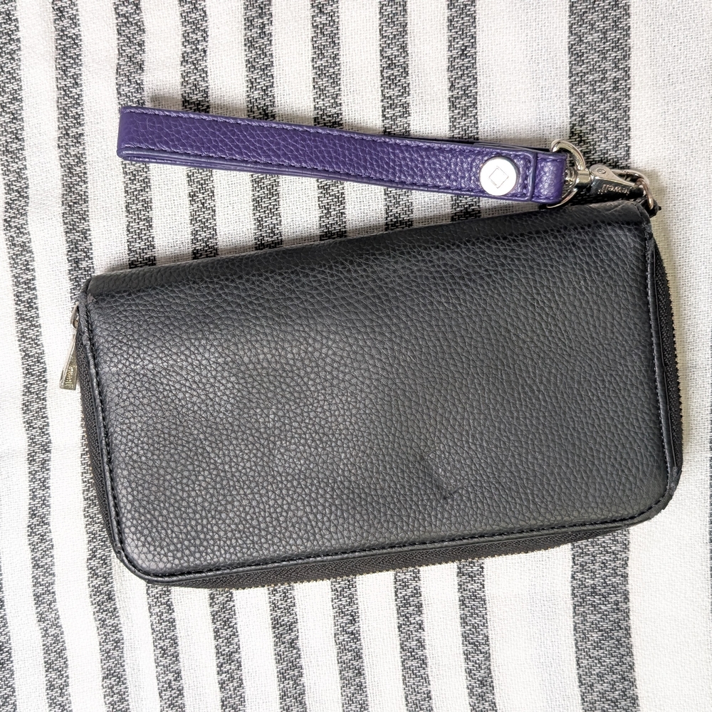 Thirty-One Black Wristlet with Purple Strap